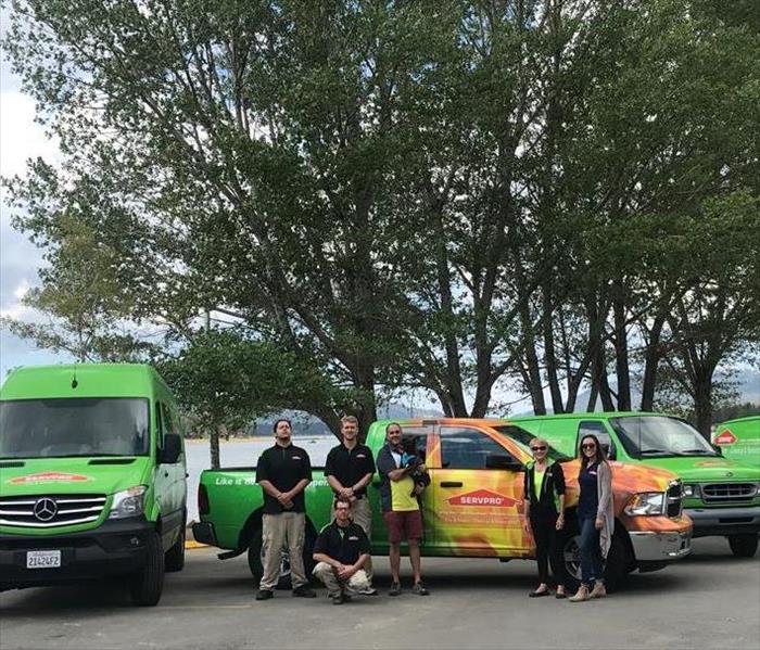 Green SERVPRO vehicles and part of team posing for a photo.